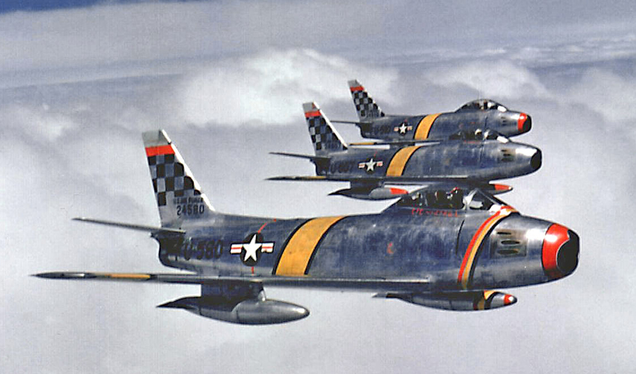 A trio of F-86F Sabres assigned to the 51st Fighter-Interceptor Wing fly over Korea in 1953. (US Air Force)